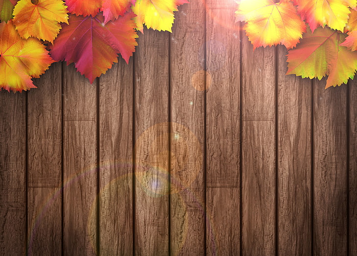 brown wooden pallet board and red and yellow leaves wallpaper