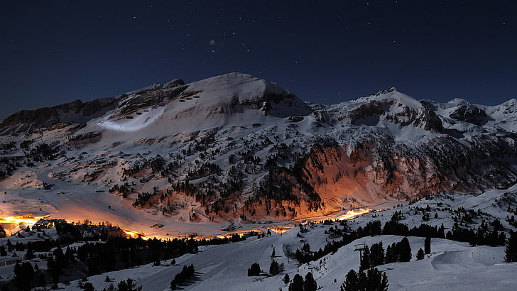 photo of mountain covered with snow, hills, mountains, night