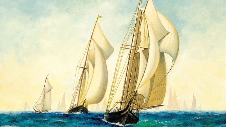 painting, sailing ship, artwork, water, sea, sky, nature, motion