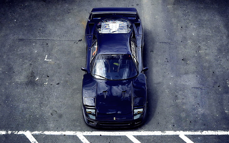 blue sports car, Ferrari F40, blue cars, top view, asphalt, gray