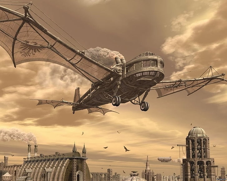 flying plane illustration, steampunk, artwork, architecture, cloud - sky, HD wallpaper