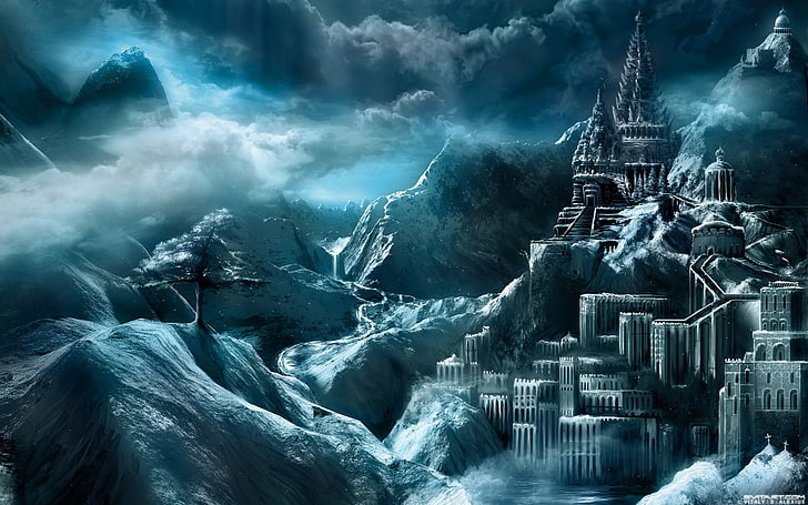 snow, castle, fantasy art, cloud - sky, architecture, environment