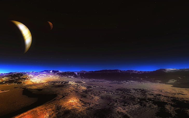 Night in Space, planets, earth, stars, landscape, HD wallpaper