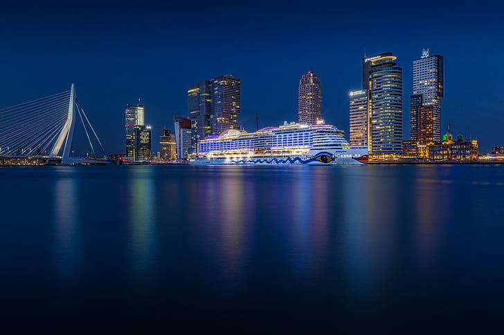 Luxury Cruise near city structures during night time, Aida, Rotterdam, HD wallpaper