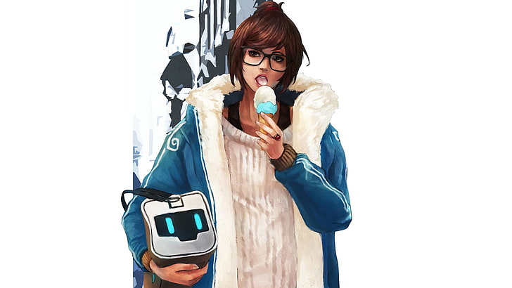 brown haired woman illustration, Mei (Overwatch), ice cream, video games
