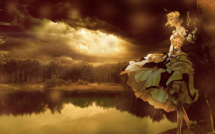 yellow haired woman anime character, Fate Series, reflection, HD wallpaper