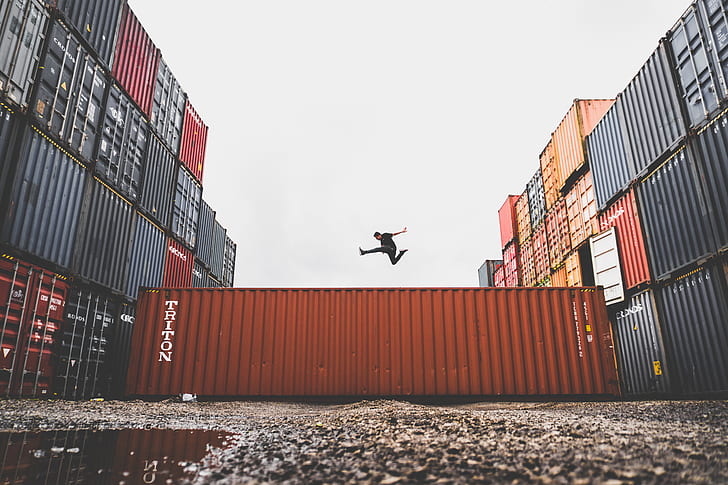container, men, jumping, outdoors, steel