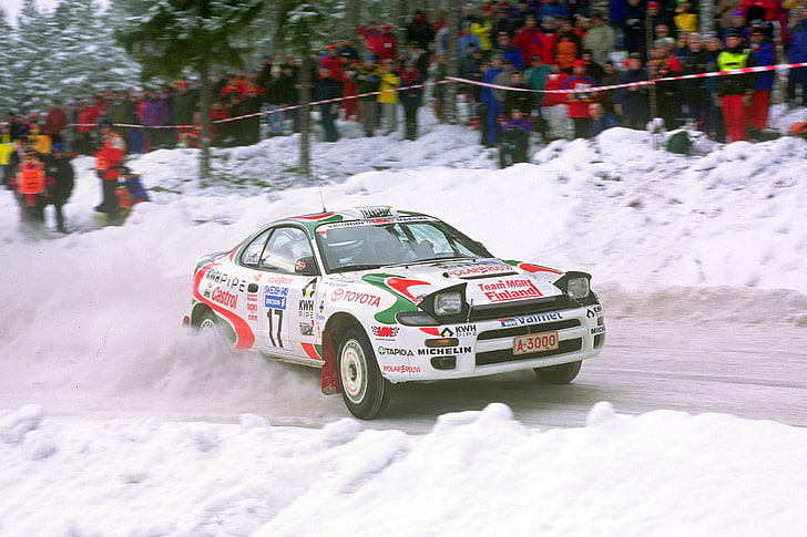 white, red, and green coupe, rally cars, snow, racing, Toyota