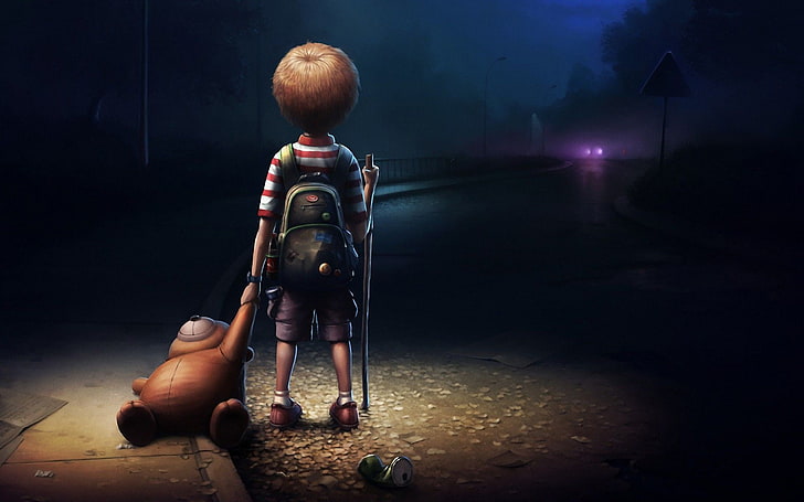 boy wearing backpack holding brown bear plush toy standing on street during night digital wallpaper