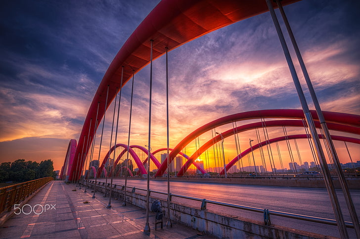 HDR, bridge, sunset, Rainbow Bridge, China, road, Twilight, HD wallpaper