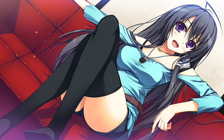 black haired anime girl illustration, legs, thigh-highs, purple eyes