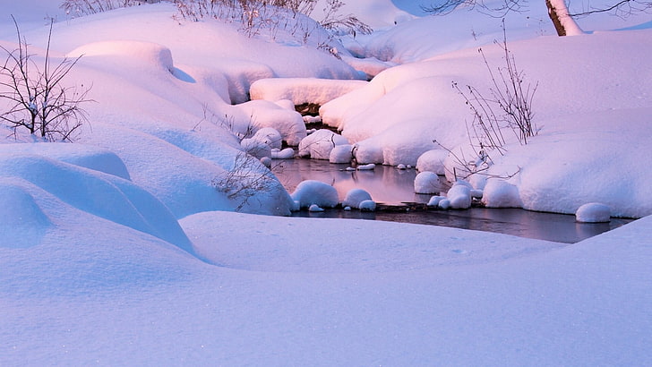 snow and river, winter, landscape, pink, stream, nature, cold temperature, HD wallpaper