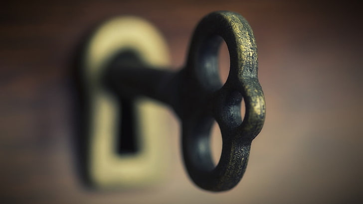 brass-colored key, keys, macro, metal, close-up, door, focus on foreground