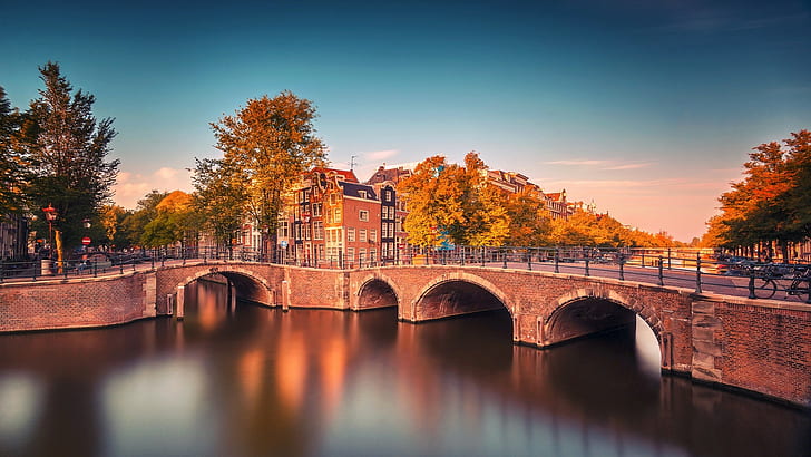 Amsterdam, Nederland, bridge, fall, Buildings, trees, river, canal