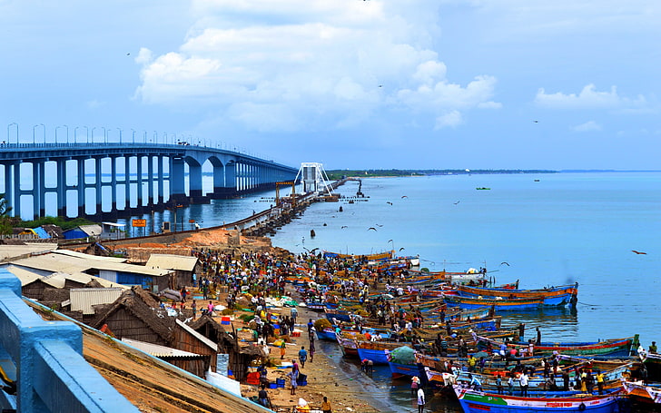blue and white boat, bridge, India, landscape, fisherman, water, HD wallpaper