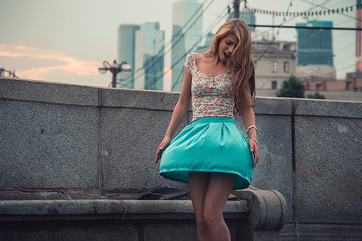 women's teal mini skirt, blonde, architecture, built structure