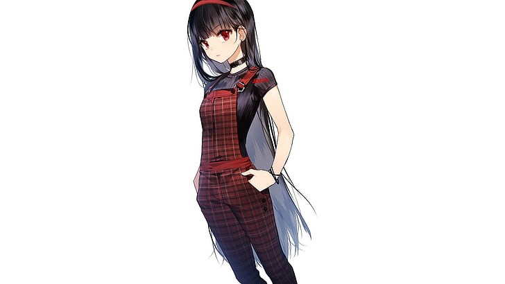 animated female character with black hair wearing red jumpsuit