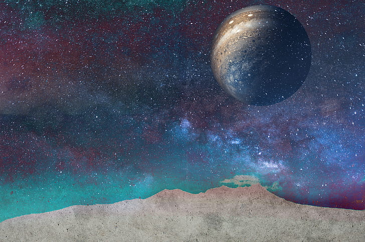 space, Jupiter, night, Photoshop, wall, clouds
