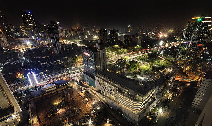 Cities, Jakarta, Building, Indonesia, Light, Night, Skyscraper, HD wallpaper