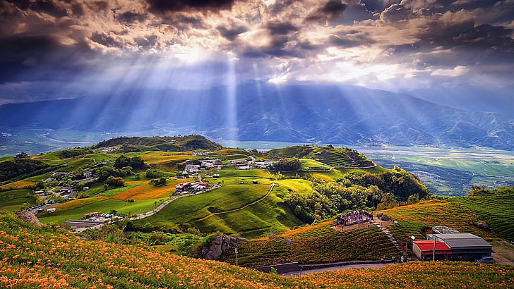 sky, nature, sun ray, cloud, sunbeam, village, hill, rural area, HD wallpaper