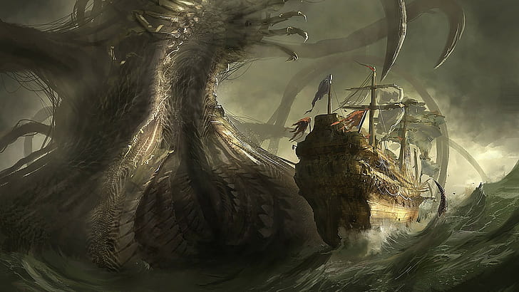 fantasy art, sea monsters, ship, creature
