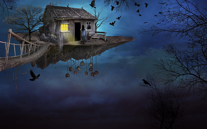 scary house, ghost, raven, skulls, moon, Fantasy