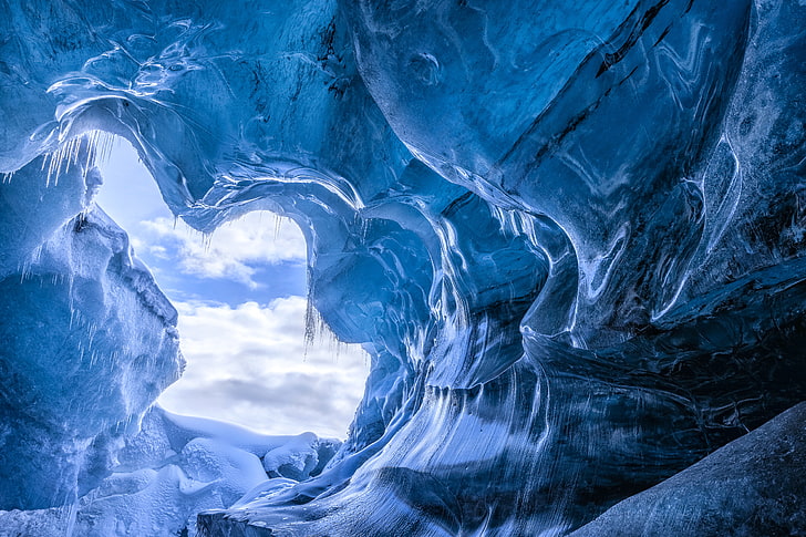winter, snow, ice, icicles, cave, Iceland, the grotto