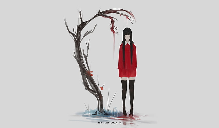 HD wallpaper: anime girl, lonely, tree, long black hair, white background |  Wallpaper Flare