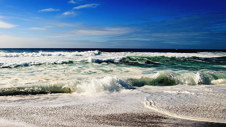 landscape, sea, waves, horizon, beach, coast, HD wallpaper