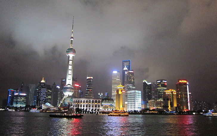 brown concrete building, china, shanghai, night, lights, promenade, HD wallpaper