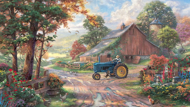 man riding on tractor painting, farm, barns, chickens, tractors