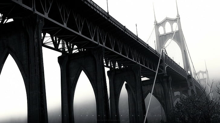 bridge, Oregon, Portland, architecture, monochrome, St. Johns Bridge, HD wallpaper