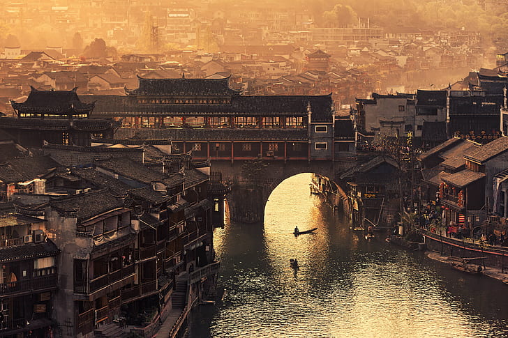 roof, water, bridge, China, Xi Que Po Lu, Hunan, Fenghuang County, HD wallpaper