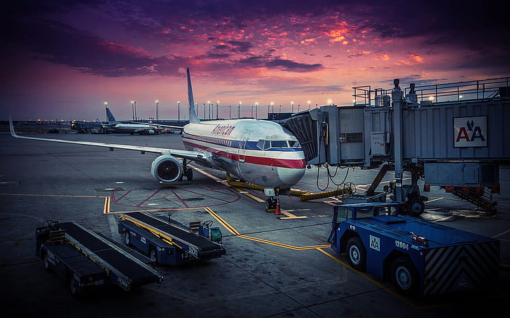 American Airlines, Chicago, airplane, airport, dawn, HD wallpaper