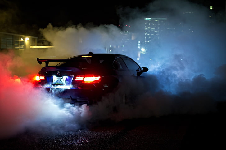 black coupe, BMW, BMW E92 M3, night, Burnout, car, mode of transportation