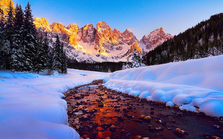 Dolomites, mountains, peaks, sky, forest, river, snow, winter, green pine trees