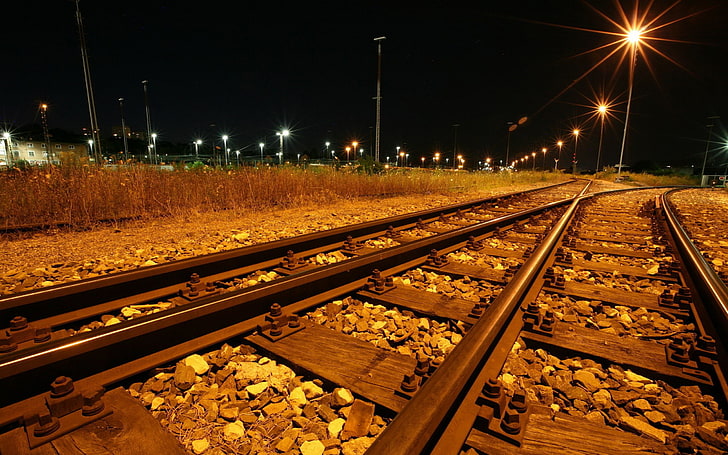 gray train rails, railway, lights, night, track, railroad track