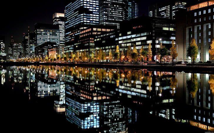 Nightlife Reflection, water, mirror, lights, refection, skyscrapers, HD wallpaper