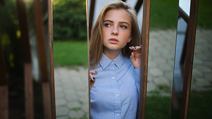 women, mirror, face, portrait, Sergey Zhirnov, blue shirt, black nails