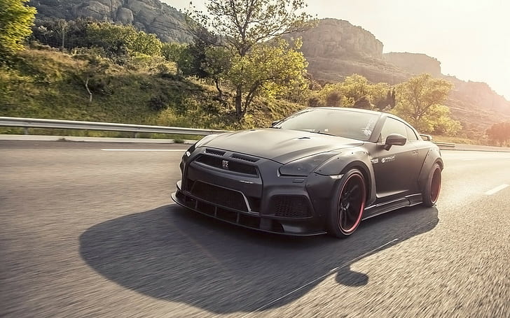 Nissan, gt-r, black sports coupe, tuning, prior design, on the move, HD wallpaper