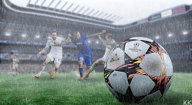 Football in the Rain, white and black soccer ball, Sports, real madrid