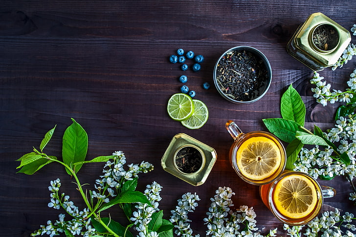 berries, lemon, tea, blueberries, drink, food and drink, healthy eating, HD wallpaper
