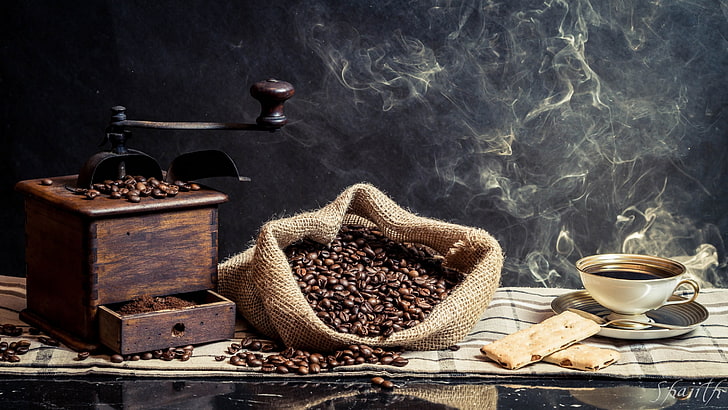 coffee beans, Cup, drink, coffee Grinder, brown, caffeine, food, HD wallpaper