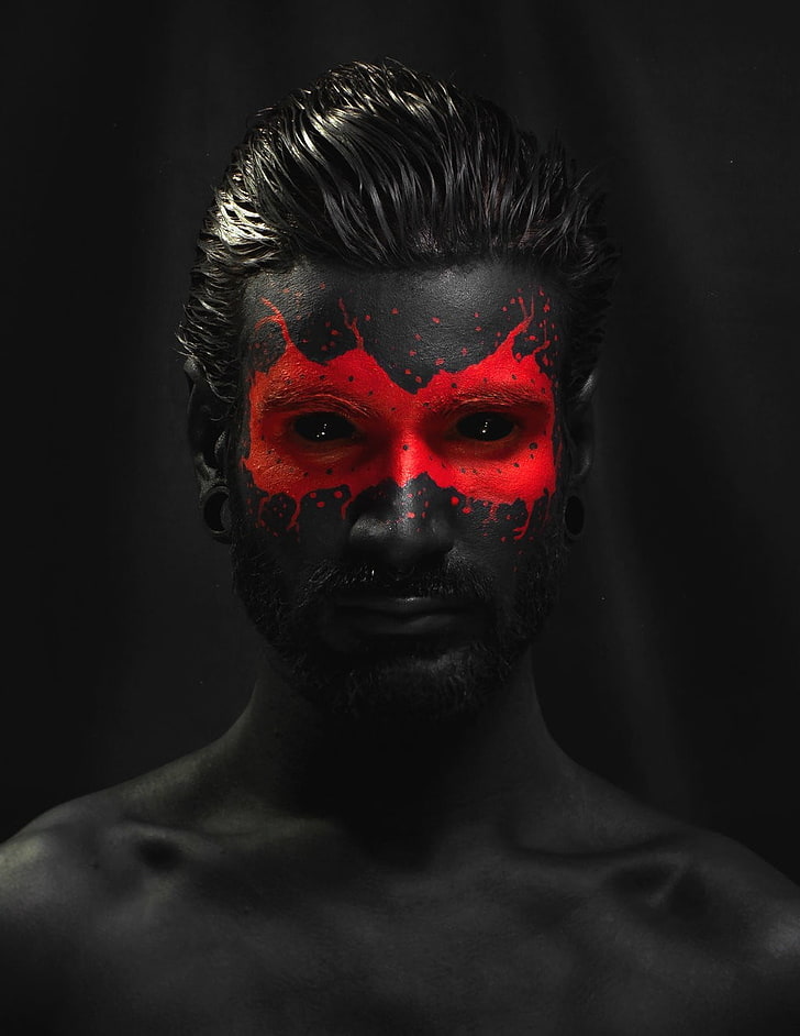 red face paint, black, men, model, selective coloring, portrait, HD wallpaper