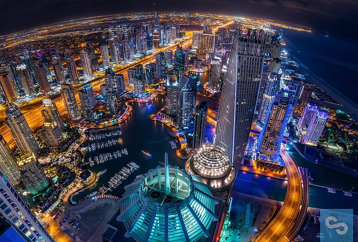 aerial photography of city buildings, night, the city, lights