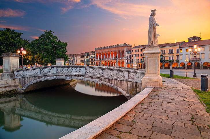 bridge, Italy, channel, statue, promenade, Padova, Prato della Valle, HD wallpaper
