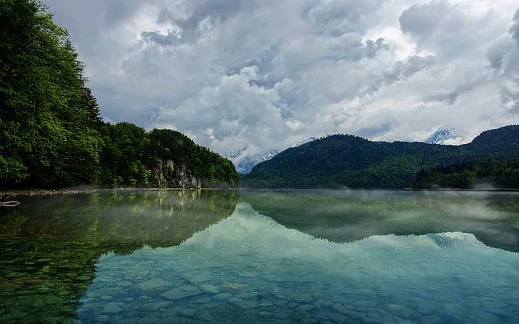 Superb reflection, green lake, nature, 1920x1200, cloud, tree, HD wallpaper