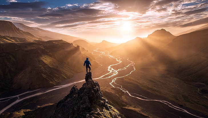 silhouette of person on top of mountain, Max Rive, mountains, HD wallpaper
