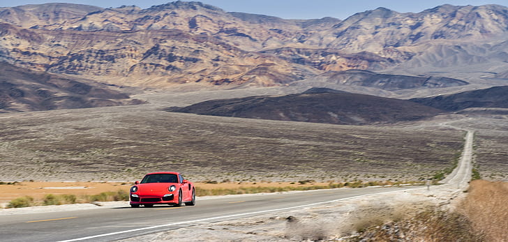 red car on a road, Unplanned, Porsche 911 Turbo, in Death, Death Valley, HD wallpaper