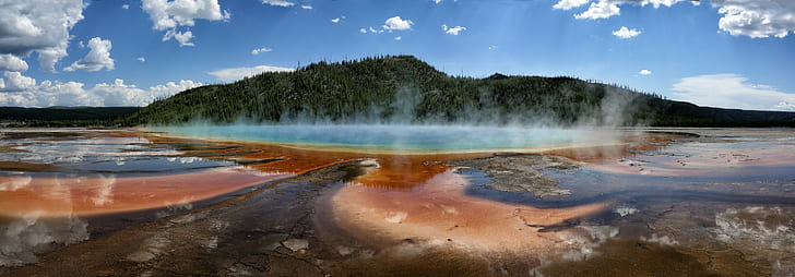 panoramic photography of mountain and water spring, Grand Prismatic Spring, HD wallpaper